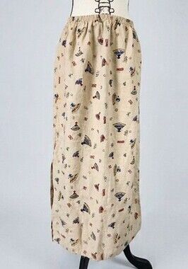 Tom Tom 100% Linen Asian Fan & Calligraphy Motif Elastic Waist Midi Skirt Size L